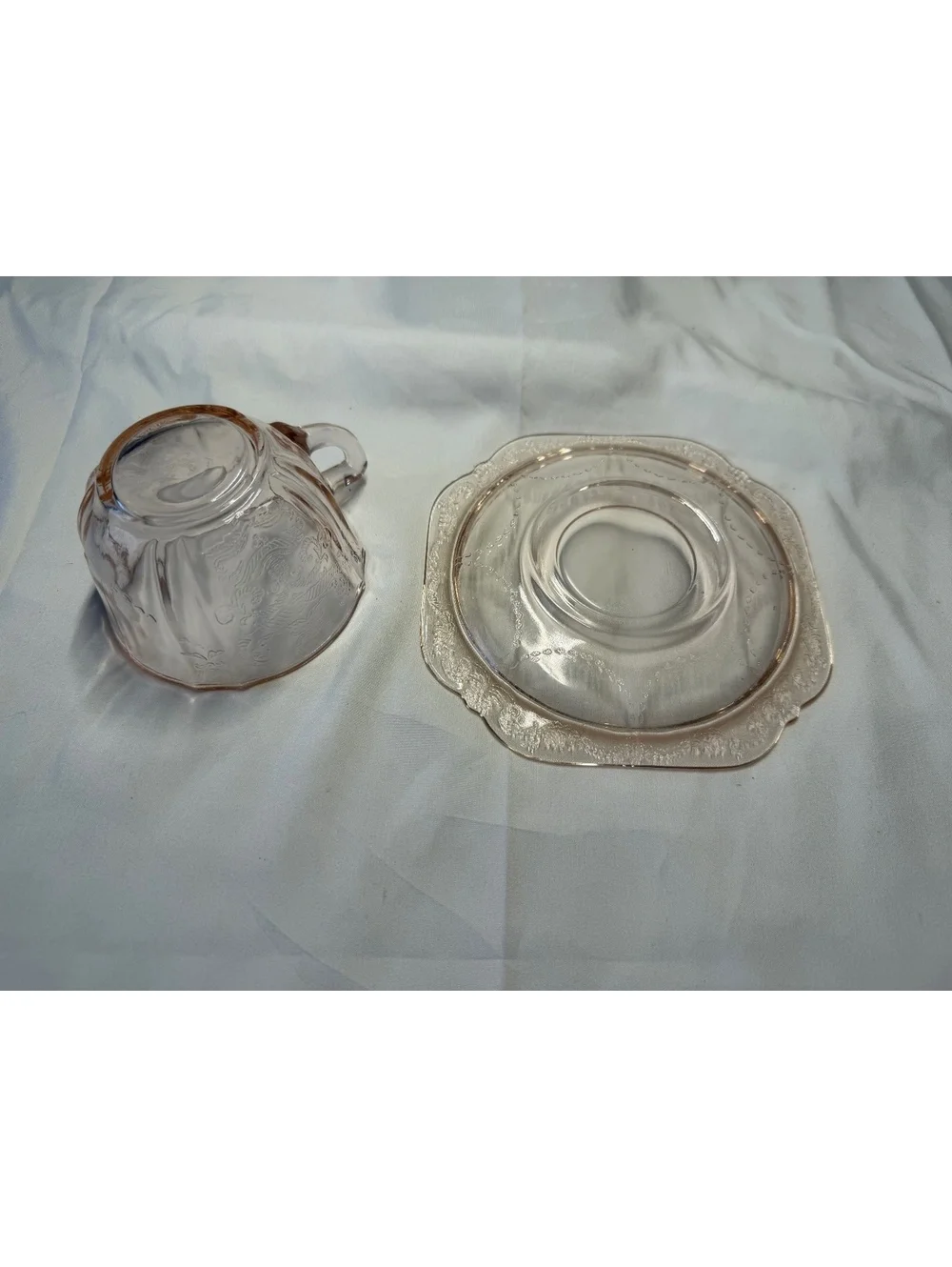 Jeannette Adam Pink Depression Glass Cup & Square Saucer Set Vintage 1932